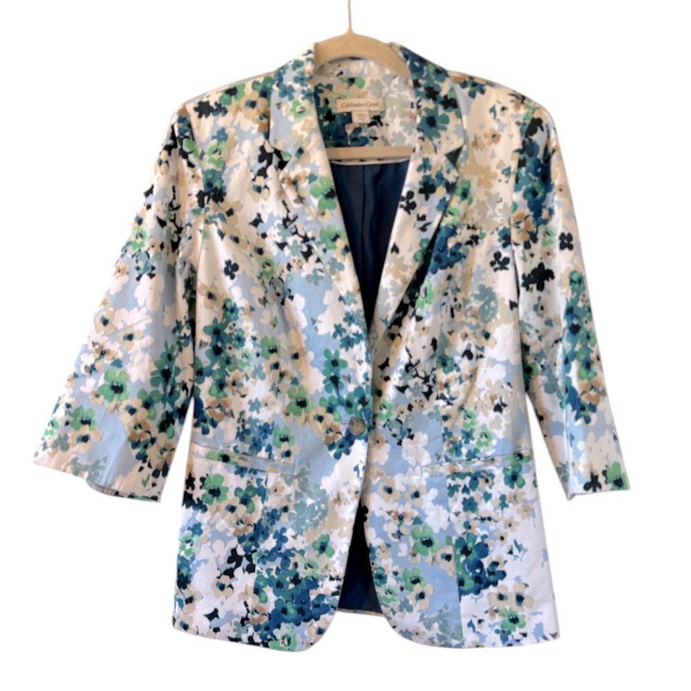 Coldwater Creek Women’s Floral Blazer 3/4 Sleeves White/Blue/Green Size 4-6